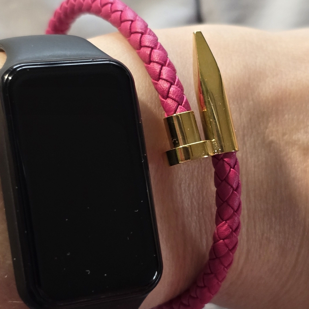 Pink Braided Leather Bracelet with Gold Accents - Picture 4 of 6